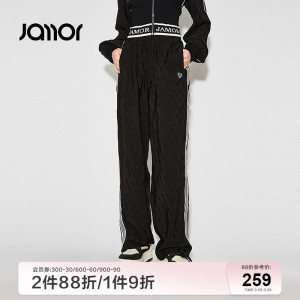 Jamor黑色直筒休闲裤2024春季新款撞色拼接垂感显瘦运动裤加末