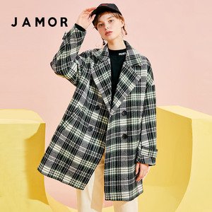 Jamor2020冬新款绿格纹休闲外套西装领复古小香毛呢大衣