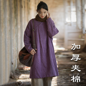 新中式苎麻扎染棉袍中长款女式加厚夹棉外衣复古宽松显瘦棉衣棉服