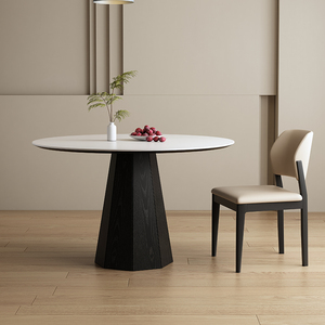 德利丰岩板圆桌家用小户型现代简约纯黑纯白圆形餐厅饭桌实木圆桌