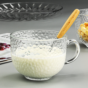 高颜值日式锤纹早餐杯金边麦片杯大容量轻奢牛奶杯无铅玻璃茶水杯