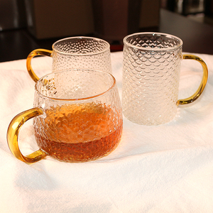 鱼鳞纹锤纹玻璃水杯耐热耐高温高硼硅玻璃杯大水杯口杯直杯日式杯