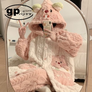 日本小众GP法兰毛绒睡衣女冬季中长款加厚珊瑚绒外套睡裙家居服冬