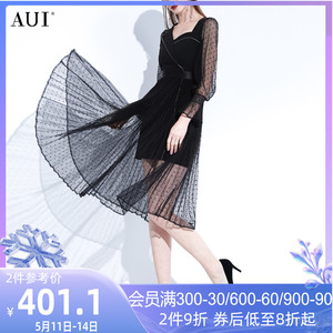 AUI不规则设计黑色连衣裙套装2024春装新款高腰半身纱裙两件套女
