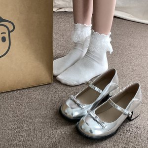 银色蝴蝶结法式玛丽珍小皮鞋女2024春夏季JK配裙子粗跟中高跟单鞋
