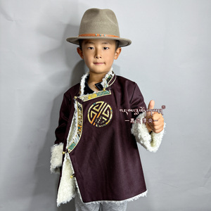 儿童藏装绣花领加绒西藏康巴棉服上学小孩针织人造毛贴身藏服夹克