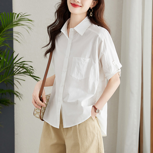 夏季新款白衬衫女中袖中长款宽松上衣韩版时尚设计感纯棉衬衣