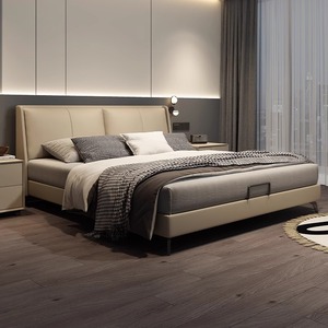 意式极简真皮轻奢主卧大床现代简约带抽屉软床实木1.8米双人婚床