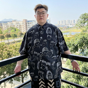 加肥加大宽松印花短袖衬衣潮牌嘻哈oversize胖子夏威夷海边衬衫男