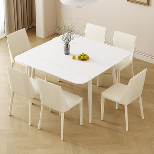 奶油风岩板餐桌家用小户型可折叠伸缩正方形餐桌可变圆桌2024新款