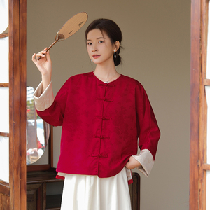 新中式女装小个子过年红色外套新年唐装上衣短款衬衣开衫对襟衬衫