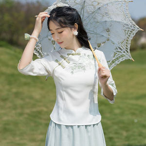 茶服茶艺师仙气唐装女年轻版民国风复古女装汉服改良旗袍两件套夏