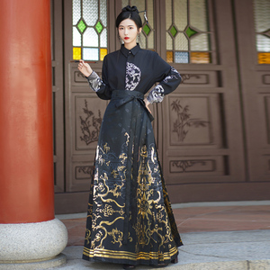 黑色织金刺绣马面裙龙纹新中式改良大码国风套装明制汉服女款春季