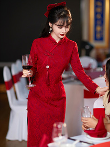 红色旗袍中式敬酒服回门服新娘秋季订婚礼服长袖连衣裙女平时可穿