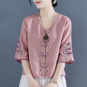 禅意茶服改良唐装女装中国风复古中式盘扣上衣夏季短款棉麻衬衫女