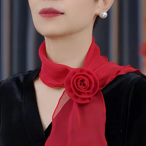 纯色玫瑰花朵时尚薄款丝巾百搭小花可拆卸领巾围巾夏季护颈围脖