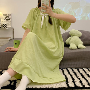 新款纯棉睡裙女士夏季短袖大码睡衣加肥薄款韩版清新绿色家居服裙
