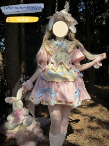 全款现货洛丽塔连衣裙零卡兔短袖OP刺绣小兔子粉色双子花苞lolita