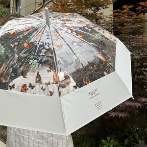 日系油画猫咪透明雨伞高颜值小清新自动开伞可爱小猫轻量长柄伞女