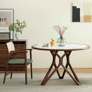 意式圆形餐桌大小户型黑胡桃木岩板餐桌现代简约家用吃饭休闲圆桌