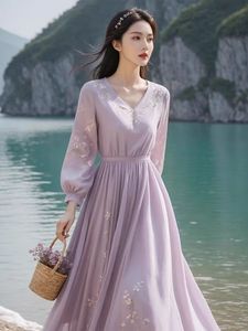 紫色雪纺连衣裙春秋女装超好看气质海边度假飘逸收腰绝美法式长裙