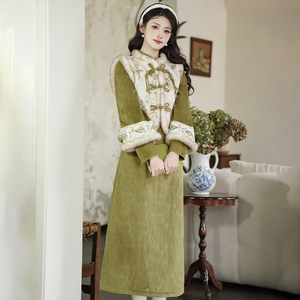 新中式轻国风马甲旗袍棉服高级感温柔风连衣裙两件女装秋冬款套装