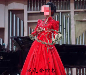 新款 显瘦大红色立领长袖钻饰蓬蓬裙 美声歌唱比赛音乐会独唱礼服