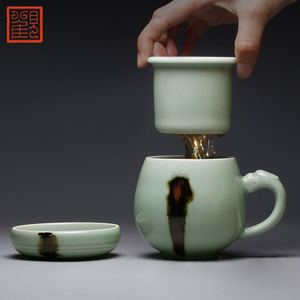 观复博物馆龙泉青瓷茶杯陶瓷过滤 带盖喝茶杯子嘟嘟杯 马未都茶杯