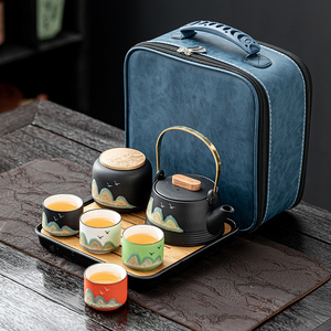 国潮旅行功夫茶具小套装家用简约泡茶壶陶瓷茶杯户外茶盘便携式包