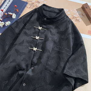 黑色短袖衬衫男士夏季2024新款潮牌中国风上衣服宽松休闲衬衣外套
