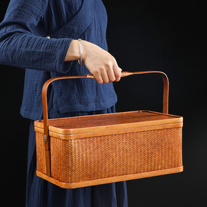手工竹编制品长方形收纳盒 大漆茶具收纳箱 中式复古带盖提篮食盒