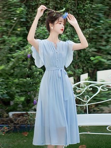 夏季款法式温柔修身显瘦垂坠感气质裙子清新甜美天蓝色连衣裙女装