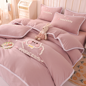 可爱兔床单四件套纯棉全棉被套包边纯色简约床罩款式床笠女生床品