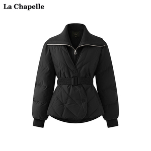 拉夏贝尔/La Chapelle加厚系带收腰毛线翻领拼接羽绒服外套女冬季