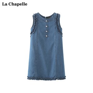 拉夏贝尔/La Chapelle甜美花边拼接圆领无袖牛仔连衣裙女夏背心裙
