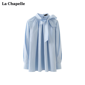 拉夏贝尔/La Chapelle法式气质立领系带长袖衬衫女宽松纯色衬衣冬