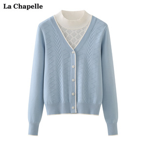 拉夏贝尔/La Chapelle假两件套头毛衣女立领长袖别致小衫春季新款
