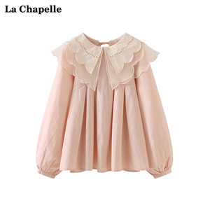 拉夏贝尔/La Chapelle花瓣领长袖棉麻衬衫高腰显瘦气质衬衣小衫夏