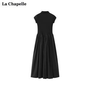 拉夏贝尔/La Chapelle针织拼接蓬蓬黑色连衣裙高腰气质中长裙夏季