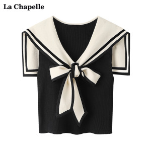 拉夏贝尔/La Chapelle海军领披肩无袖针织背心女夏蝴蝶结显瘦上衣