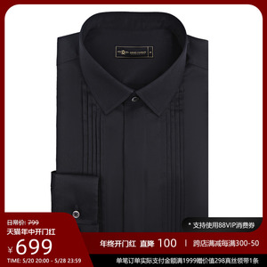 GIEVES CHARLES风琴褶礼服黑色商务个性时尚男士纯棉修身方领衬衫