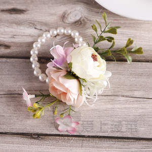 森系韩式新娘手腕花结婚礼仿真玫瑰花朵手花伴娘姐妹团手环花珍珠
