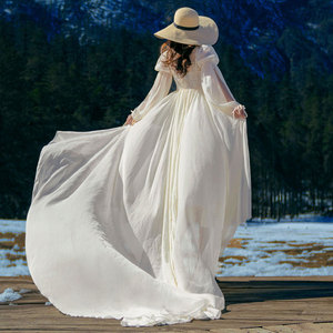夏季度假风连衣裙高级感长款拖尾法式蕾丝白色睡袍梦幻睡美人仙女