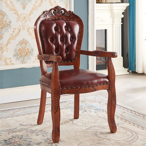 欧式实木餐椅美式靠背简约家用凳子麻将复古接待洽谈真皮扶手椅子