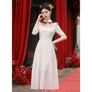 新中式旗袍敬酒服新娘夏季白色订婚礼服领证登记蕾丝小白裙小个子