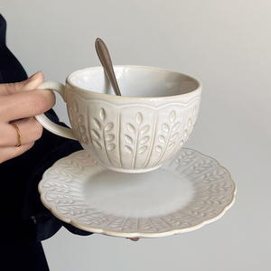 ChubbyCat日式复古麦穗浅浮雕陶瓷杯碟高颜值下午茶餐具摩卡拿铁