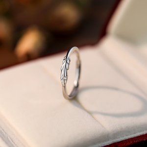 S999足银羽毛戒指女小众设计指环单戒指可调节大小纯银食指手饰品