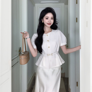 白色端庄优雅职业套装女夏2024新款轻熟小香风高级感小洋装两件套