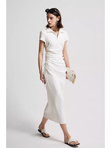 高端精致气质白色抽绳收腰短袖POLO翻领连衣裙女夏季简约风中长裙