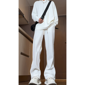 美式侧边拉链微喇卫裤男夏季白色裤子加长款高个子垂感直筒运动裤